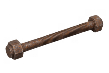 Rusty bolt with nut showing corrosion and industrial decay, old metal fastener for construction, transparent background
