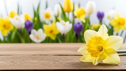 Yellow daffodil on wooden table with colorful flowers in background