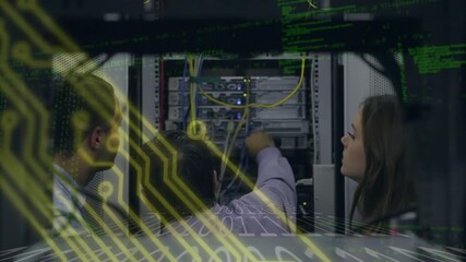 Animation of computer circuit board and data processing over diverse business people in server room - Powered by Adobe