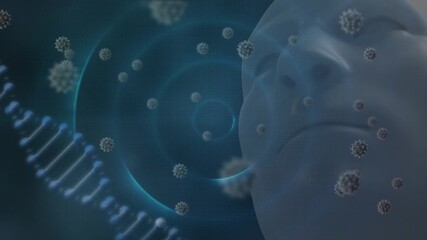 Animation of dna strand and human head over virus cells - Powered by Adobe