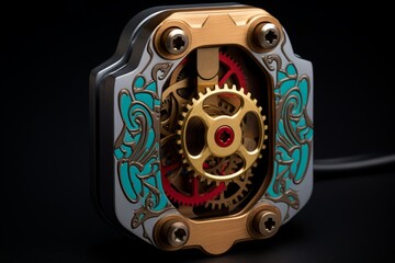 Intricate steampunk mechanism featuring visible gears, brass casing, and decorative turquoise elements on a black background