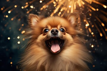 Obraz premium Happy pomeranian dog panting with a wide smile against a backdrop of festive golden sparkles