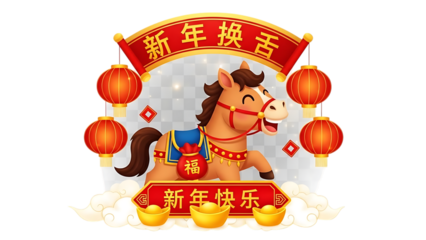 Chinese new year horse illustration with red lanterns and decorations isolated on transparent background