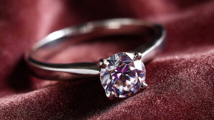 Elegant diamond engagement ring on luxury red velvet fabric background.