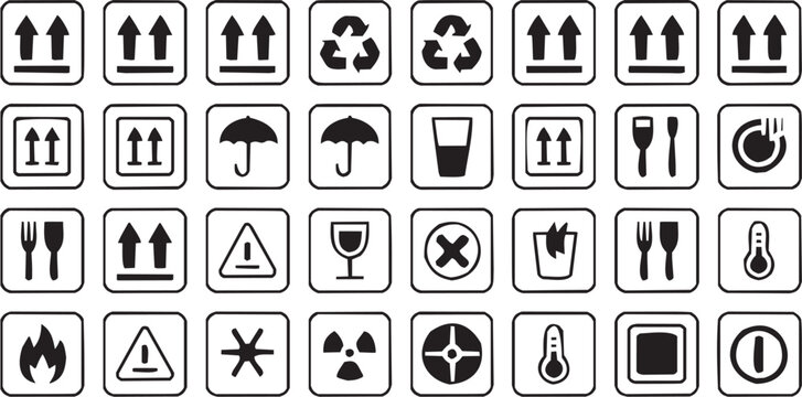Conjunto de &iacute;conos de embalaje y manejo en estilo gr&aacute;fico. Incluye flechas, reciclaje, paraguas, fr&aacute;gil, advertencia, basura, temperatura, radiaci&oacute;n y m&aacute;s. Trazo editable.