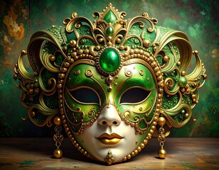Ornate green and gold Venetian mask, with elaborate swirls, jewels, and a detailed face, set against a painterly backdrop