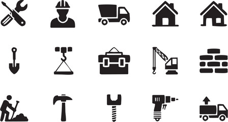 Fototapeta premium Conjunto de íconos de construcción en estilo gráfico. Incluye trabajador, volqueta, casa, gancho, herramientas, grúa, martillo, tornillo, taladro y más. Trazo editable.