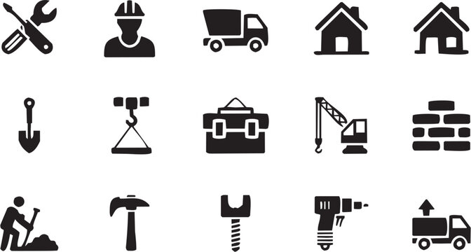 Conjunto de &iacute;conos de construcci&oacute;n en estilo gr&aacute;fico. Incluye trabajador, volqueta, casa, gancho, herramientas, gr&uacute;a, martillo, tornillo, taladro y m&aacute;s. Trazo editable.