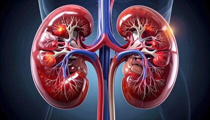 Detailed human kidney anatomy with highlighted inflamed areas