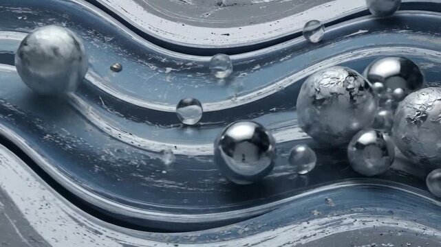 Abstract background with flowing blue and silver waves and llic spheres, modern design.