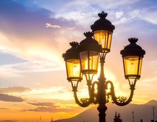 Ornate lamppost silhouetted against a radiant sunset. Illuminated glass shades against a vibrant sky with cloud formations