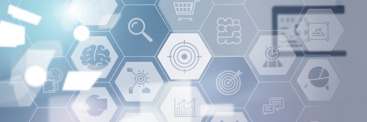 Digital Transformation Hub: A dynamic abstract scene composed of interconnected hexagonal cells, each bearing symbolic icons.