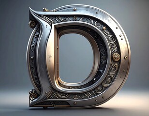 Ornate, metallic letter "D" in a regal, medieval style. It is rendered with intricate detailing and an embossed, three-dimensional look
