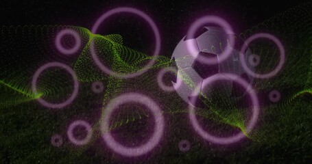 Animation of neon shapes over football player kicking ball at stadium - Powered by Adobe