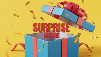 A 3D rendering of an open blue gift box with a red ribbon and confetti surrounding it on a yellow background