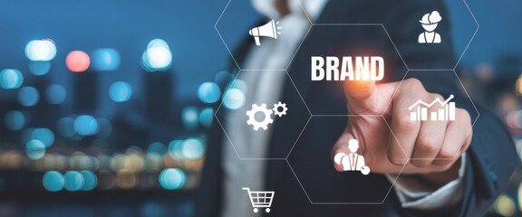 Strategic Brand Initiative: A sophisticated business professional interacts with a holographic interface, selecting Brand and indicating the strategic direction.