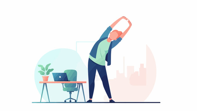 Man stretching at office desk for break promoting wellness.