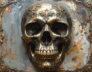 Ornate metallic skull, intricate details, mounted on weathered textured plaque. Intricate floral and scrolling pattern around frame