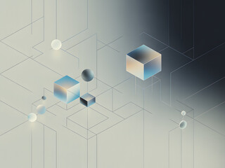 Abstract Geometric Composition: A sleek and modern abstract composition of cubes and spheres with intricate lines, showcasing the beauty of minimalist design and digital art. 