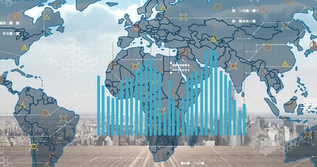 Animation of world map and financial graphs over cityscape - Powered by Adobe
