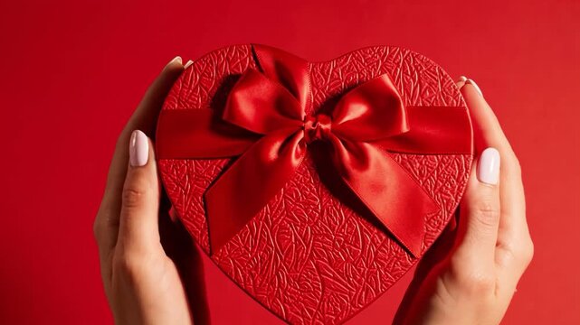 Hands holding a red heartshaped gift box