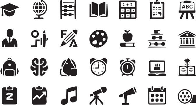 Conjunto de &iacute;conos escolares en estilo gr&aacute;fico. Incluye abaco, libro, calculadora, l&aacute;piz, regla, paleta, manzana, birrete, reloj y m&aacute;s. Trazo editable.
