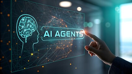 Human Finger Touches AI AGENTS Holographic Interface, Brain Icon