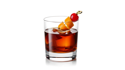A classic cocktail, the old fashioned, garnished with orange and cherry against a black backdrop isolated on transparent background