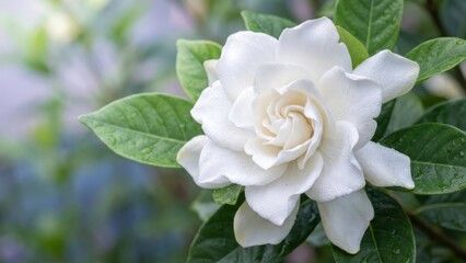 Close-up of a beautiful white gardenia flower blooming in a lush green garden on a sunny day.