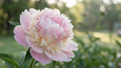 Close-up of a beautiful light pink peony flower blooming in a vibrant garden.