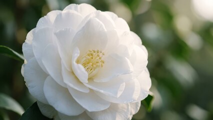 Close-up of a beautiful white camellia flower blooming in a garden.