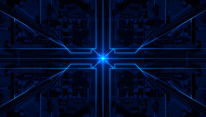 Abstract blue neon lines forming a symmetrical geometric pattern on a dark background
