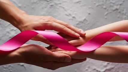 Hands holding pink ribbon symbolizing breast cancer awareness