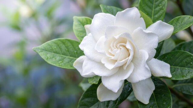 Close-up of a beautiful white gardenia flower blooming in a lush green garden on a sunny day.