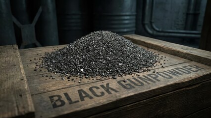Pile of black gunpowder on a wooden crate with BLACK GUNPOWDER stenciled on it, in a dimly lit industrial setting.