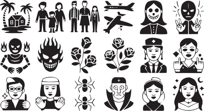 Conjunto de &iacute;conos simb&oacute;licos en estilo gr&aacute;fico. Incluye familia, adultos, aviones, calavera, rostro demon&iacute;aco, rosas, uniforme, hormiga, cruz, punto rojo y m&aacute;s. Trazo editable.