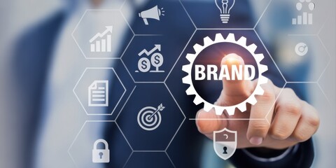 Brand Strategy: An abstract representation of brand strategy, illustrating a digital interface with various icons symbolizing key aspects of business development.