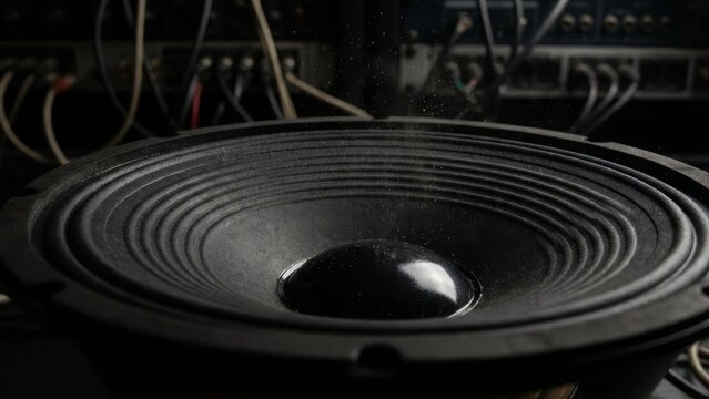 Close-up of a powerful black speaker cone with audio equipment in the background. - Powered by Adobe