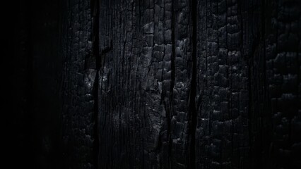 Dark charred wood texture background, abstract black timber surface with burnt marks and rough...