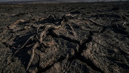 Charred remains of trees after a devastating forest fire.