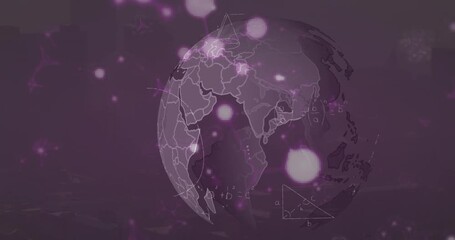 Animation of data with science formulas, molecules and globe on digital interface - Powered by Adobe