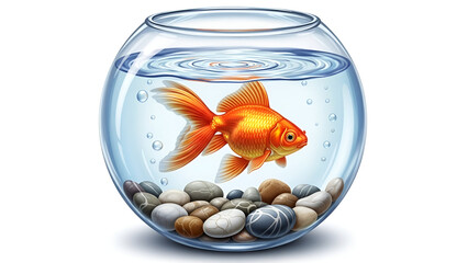 Goldfish swimming in a glass fishbowl with stones and clear water isolated on white background