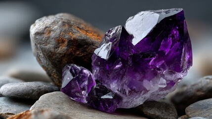 Macro shot of a vibrant purple amethyst crystal on natural grey river stones.
