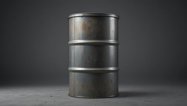 An aged industrial metal barrel, showing signs of rust and wear, stands against a dark grey background. 55 gallone