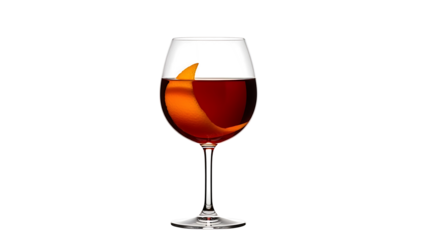 A refreshing dark cocktail presented in a wine glass, garnished with an elegant twist of orange peel isolated on transparent background