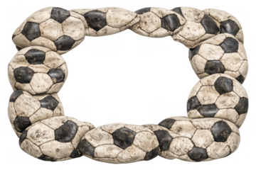 Used deflated soccer balls creating an oval frame border. Representing retired sports equipment, past games, and sporting effort