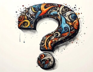 Ornate question mark, rendered in a 3D style with vibrant colors and intricate details, set against a white backdrop