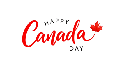 Happy canada day greeting card illustration with red maple leaf on black background isolated on transparent background