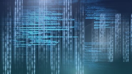 Animation of data processing over cityscape on black background - Powered by Adobe