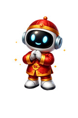 Obraz premium Cute 3D Robot Character Wearing Traditional Chinese Red Clothing Greeting for Lunar New Year, AI Mascot Celebrating Spring Festival Isolated on Transparent Background PNG